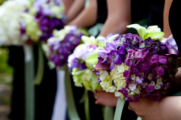 bouquets of light green and purple flowers - photo by Seattle based wedding photographers La Vie Photography